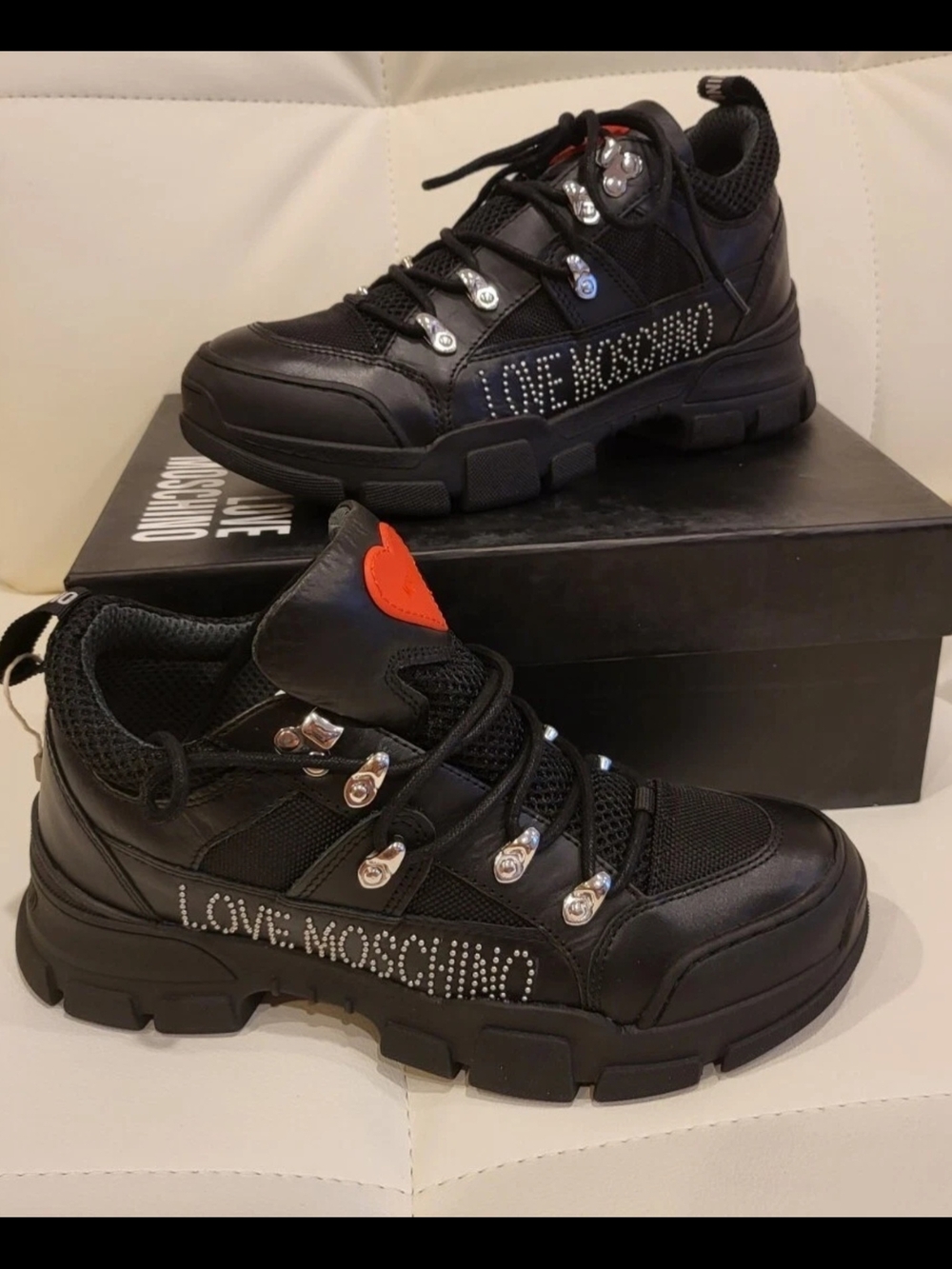 Love Moschino Black Chunky Logo Sneakers with Red Heart